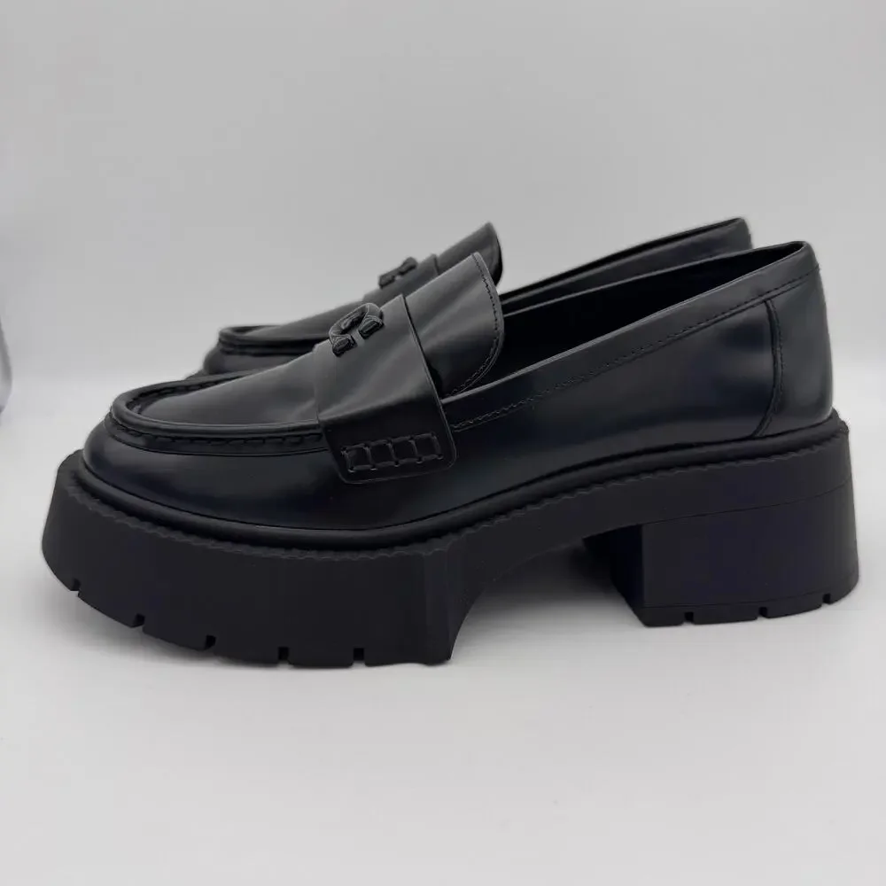 Coach Leah Loafers Womens Size 6 Leather C Logo Lug Sole Shoes CZ382 Black 6B